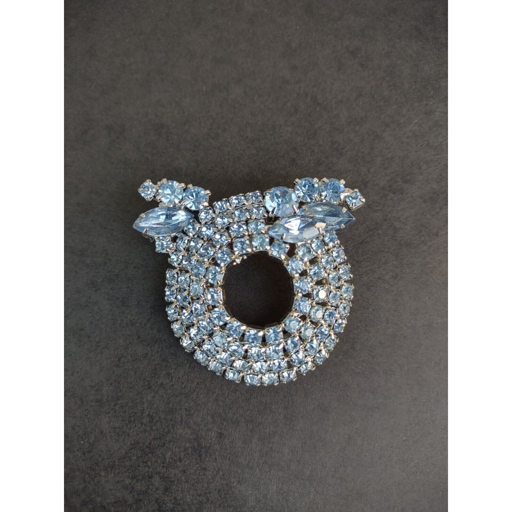 Vintage Blue Rhinestones Metal Chunky Runway Style Brooch Pin